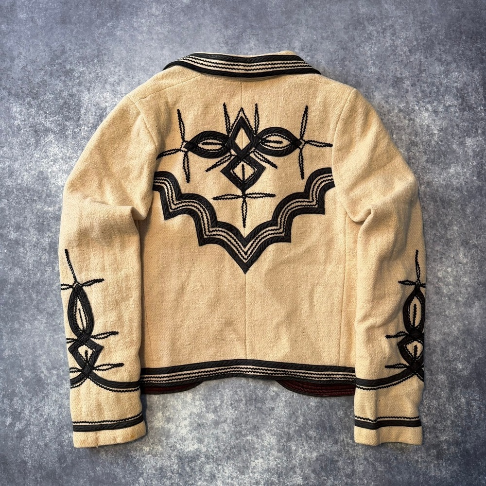 Vintage Soutache Embroidered Wool Jacket Beige Black Western Boho Cropped Blazer - Picture 2 of 9